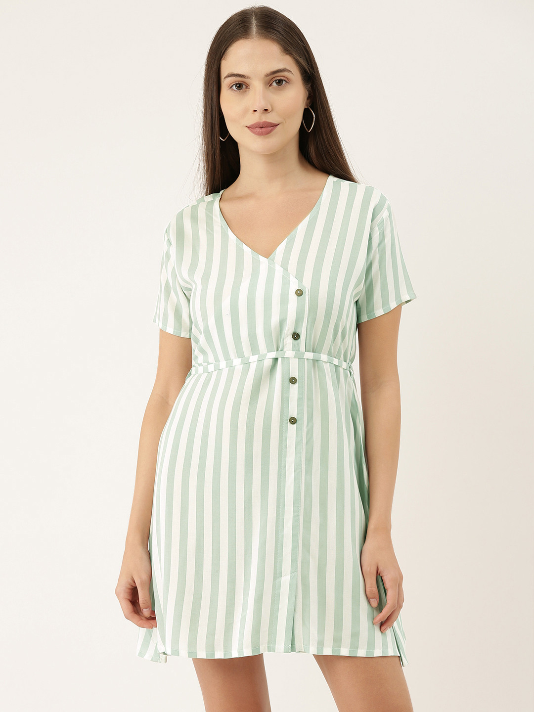 The Dry State Women White Striped A-Line Dress With Tie-Up Detailing