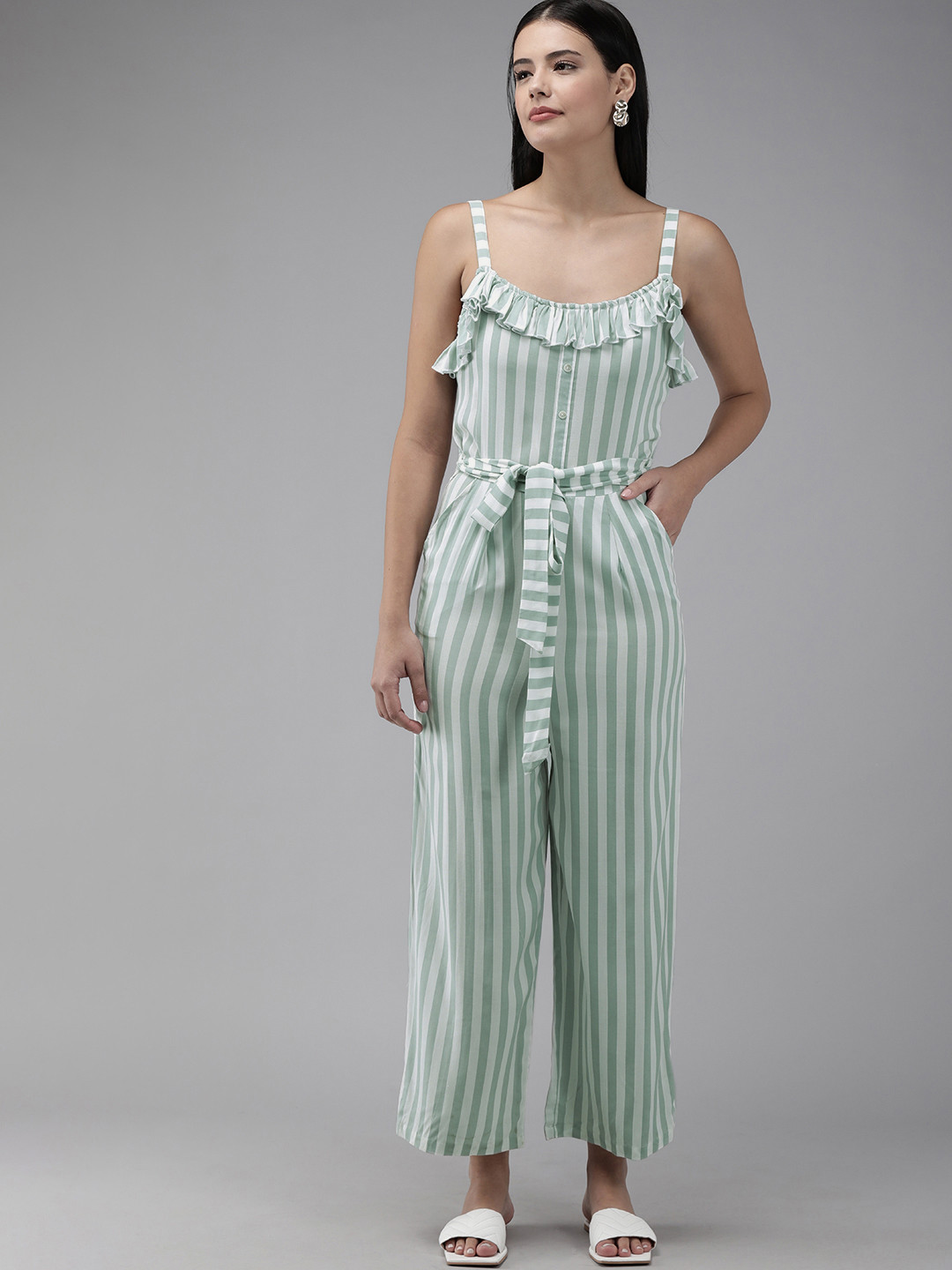 The Dry State Women White & Green Striped Ruffled Basic Jumpsuit