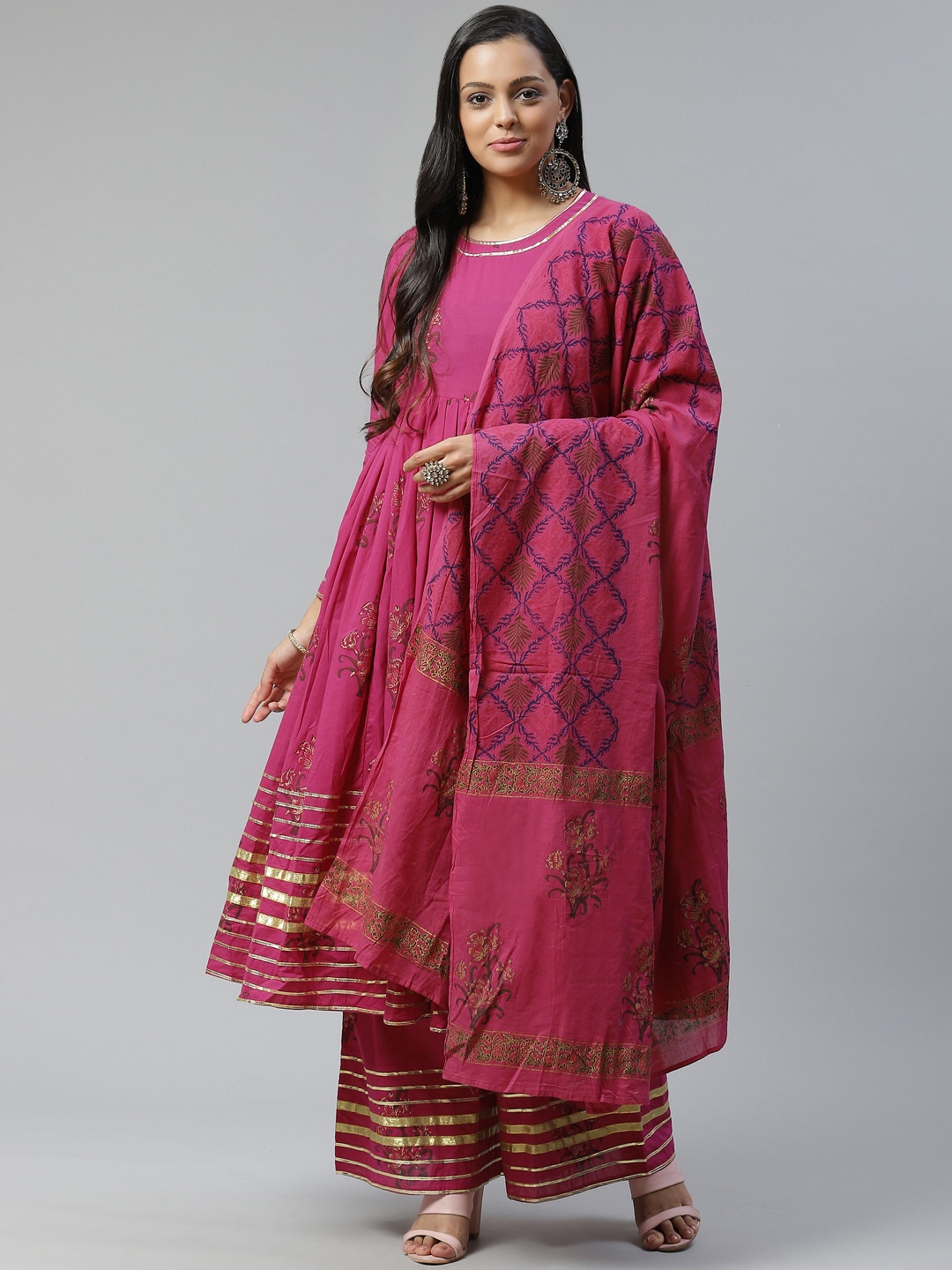 Lavanya The Label Women Pink & Golden Foil Printed Kurta with Palazzos & Dupatta