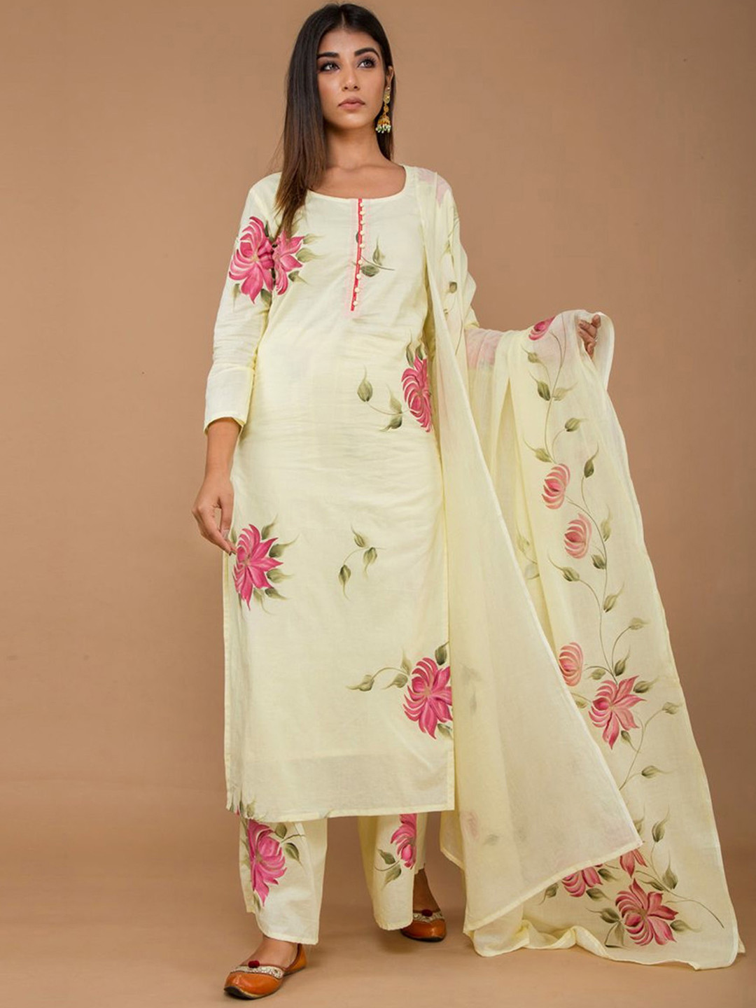 Lavanya The Label Women Cream-Coloured & Red Hand Painted Kurta with Palazzos & Dupatta