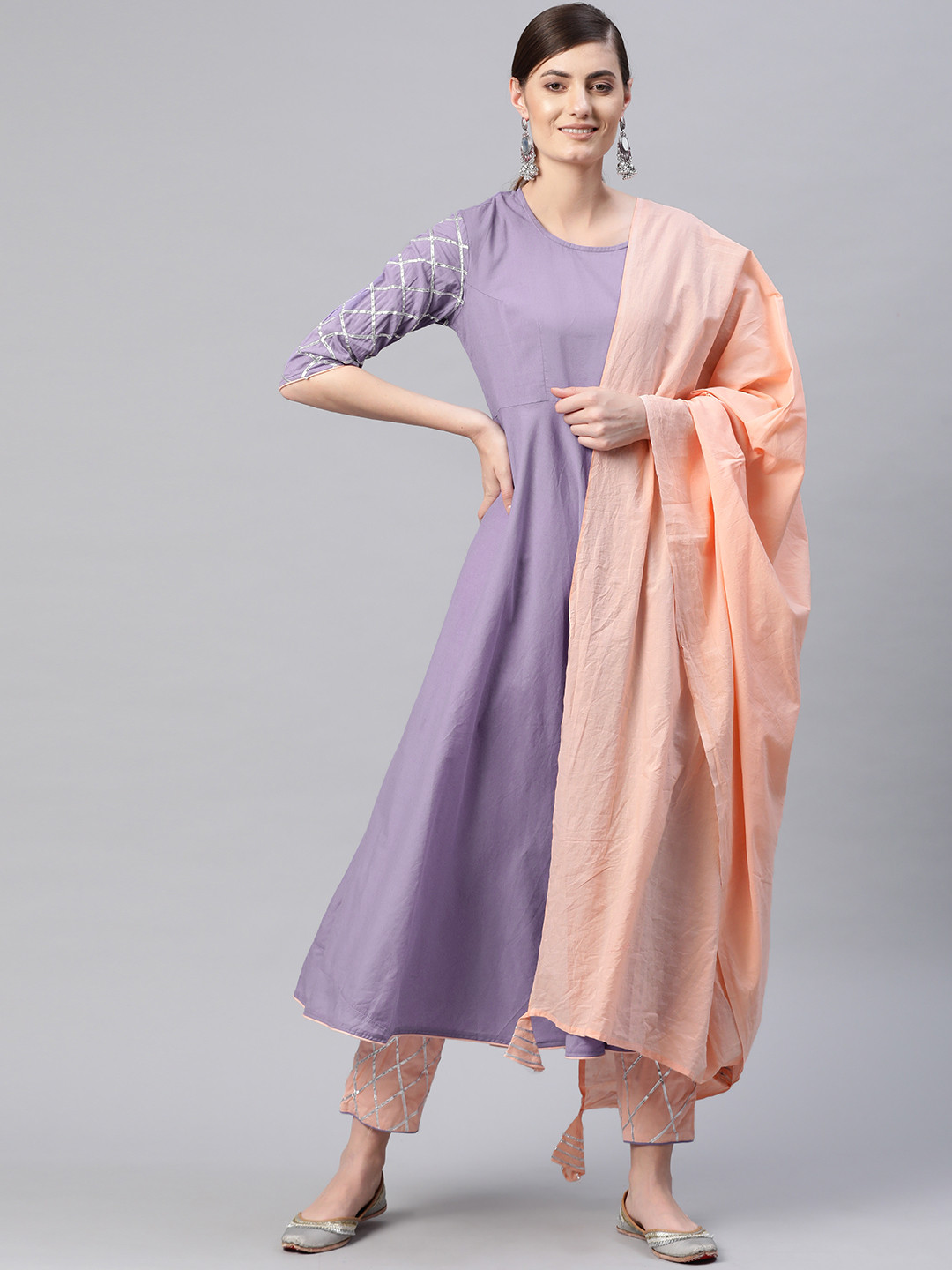 Lavanya The Label Women Purple & Peach-Coloured Solid Kurta with Trousers & Dupatta