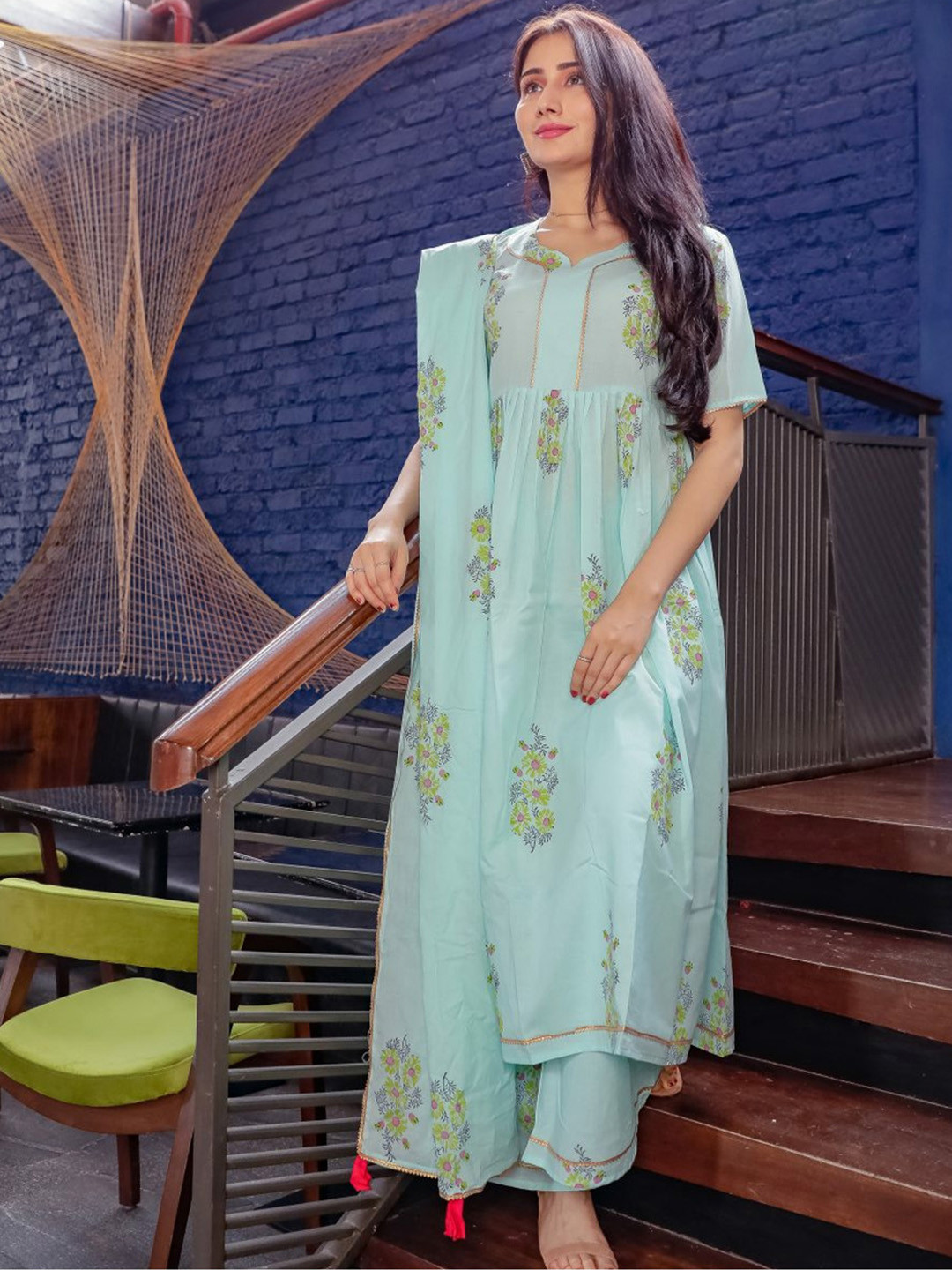 Lavanya The Label Women Blue & Green Hand Block Printed Kurta with Palazzos & Dupatta