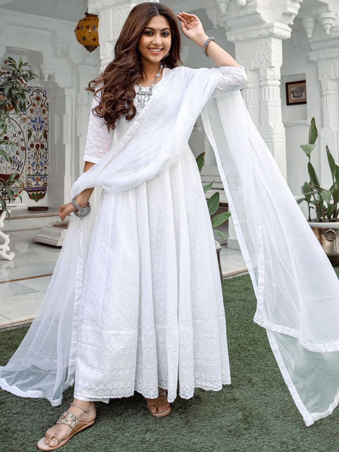 Lavanya The Label Women White Chikankari Embroidered Kurta with Trousers & Dupatta