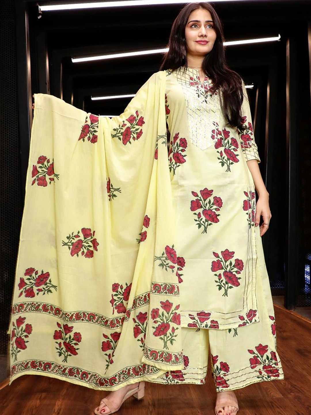 Lavanya The Label Women Lime Green & Red Floral Printed Kurta with Palazzos & Dupatta