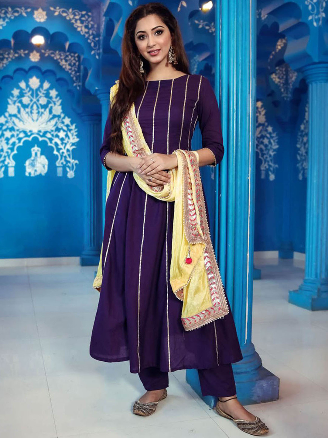 Lavanya The Label Women Purple & Yellow Gotta Patti Work Kurta with Trousers & Dupatta