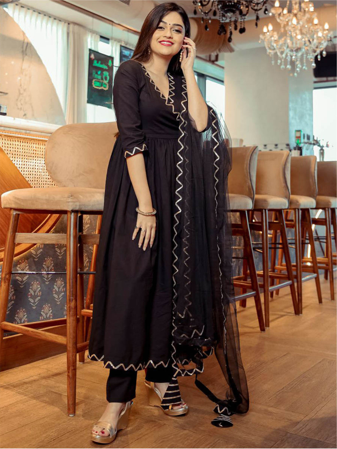 Lavanya The Label Women Black Solid Angrakha Kurta with Palazzos & Dupatta