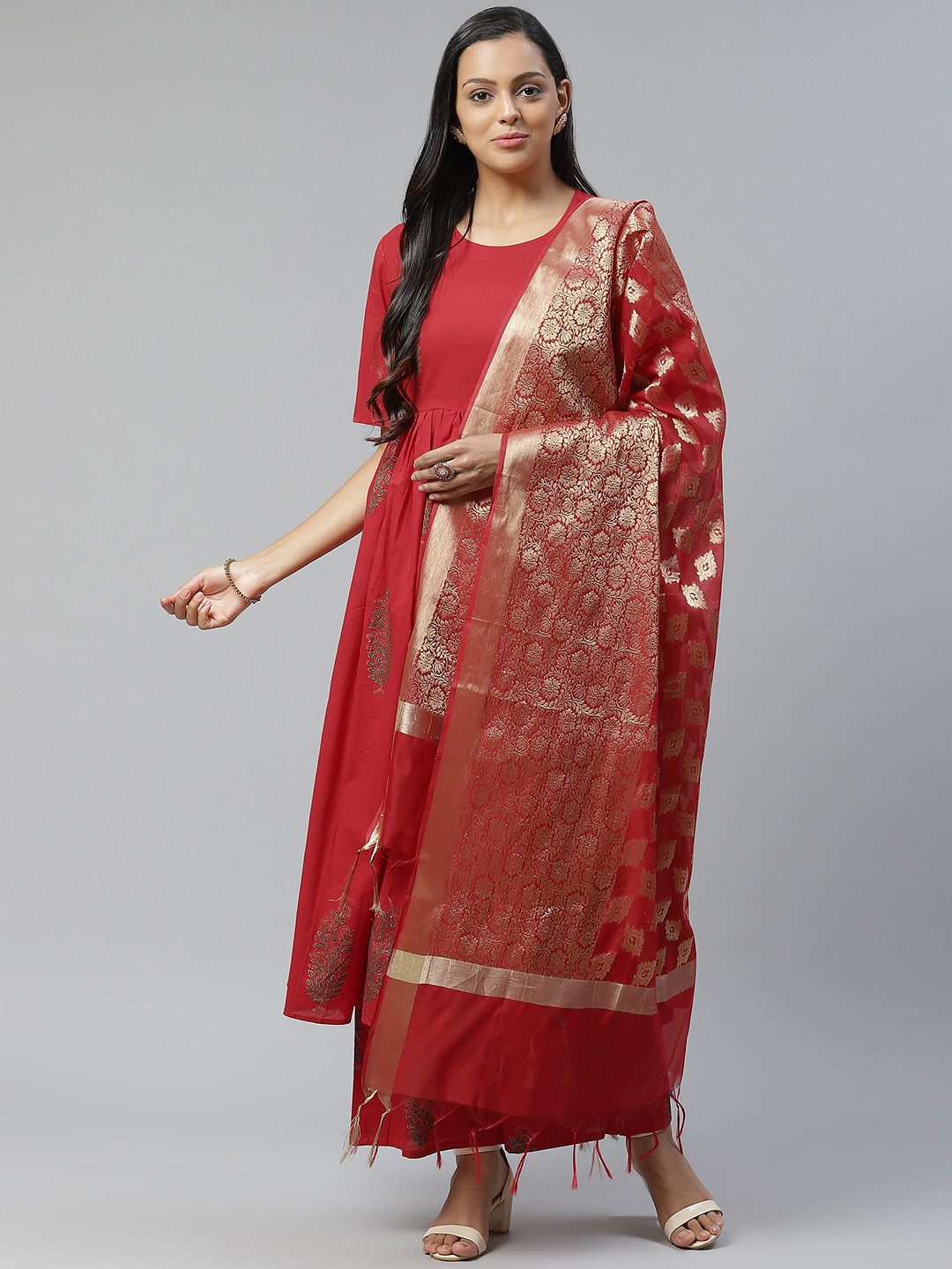 Lavanya The Label Women Red & Green Ethnic Motifs Printed Kurta with Palazzos & Dupatta