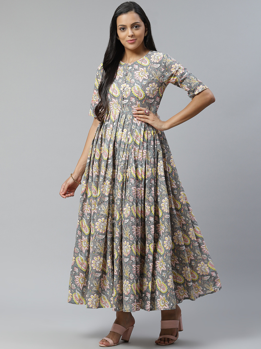 Lavanya The Label Women Grey & Yellow Ethnic Motifs Printed A-Line Dress