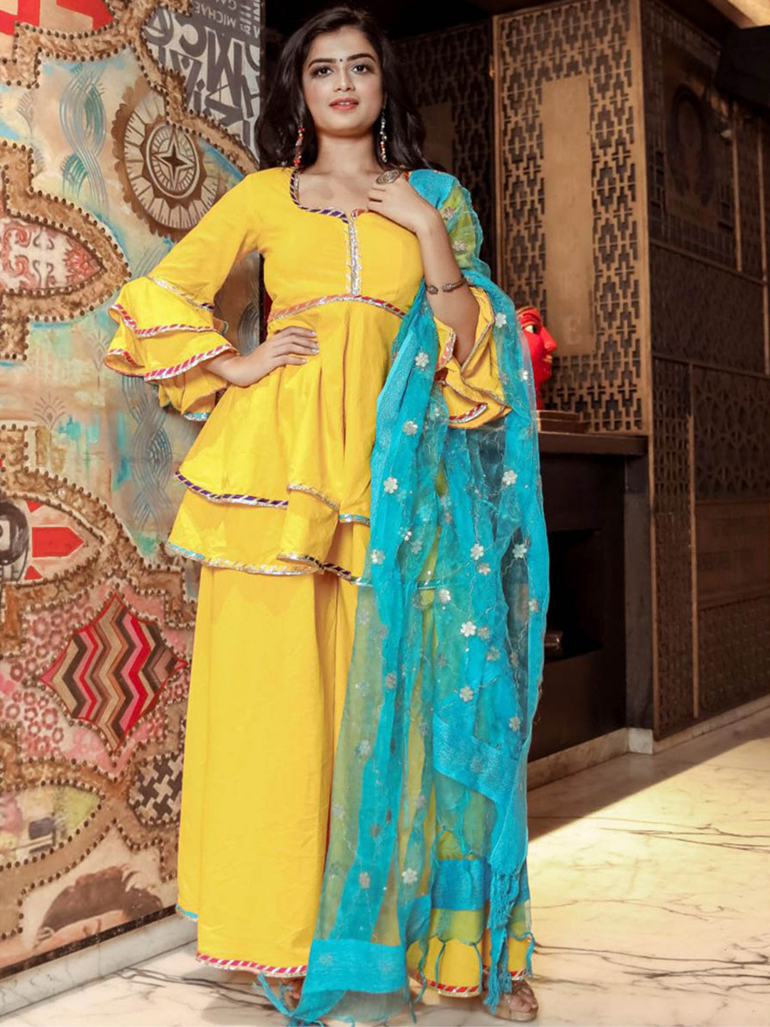 Lavanya The Label Women Mustard Yellow & Blue Solid Kurta with Sharara & Dupatta