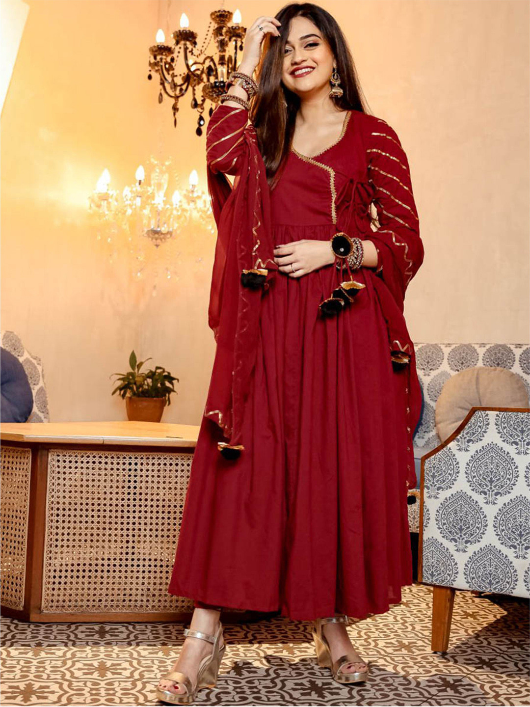 Lavanya The Label Women Maroon Pure Cotton Solid Kurta with Trousers & Dupatta