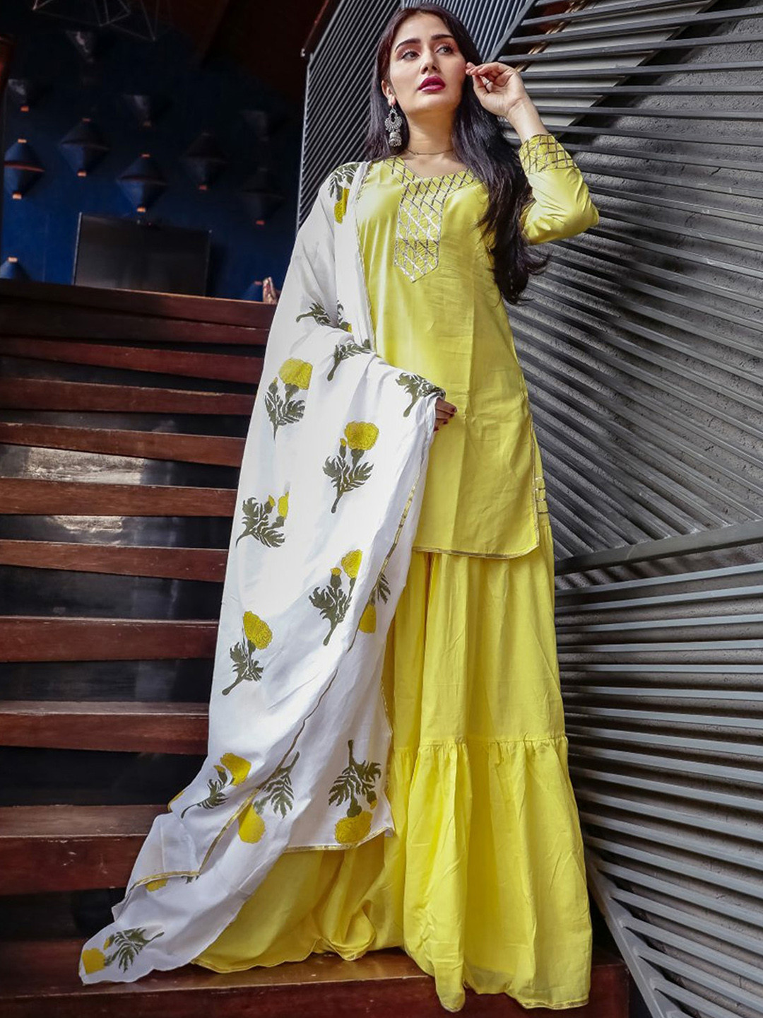 Lavanya The Label Women Yellow & White Solid Kurta with Sharara & Dupatta