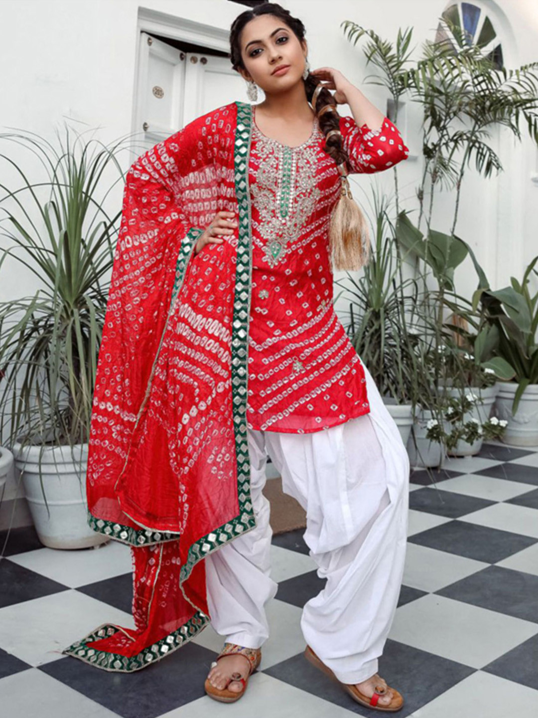 Lavanya The Label Women Red & White Self Design Kurta with Patiala & Dupatta