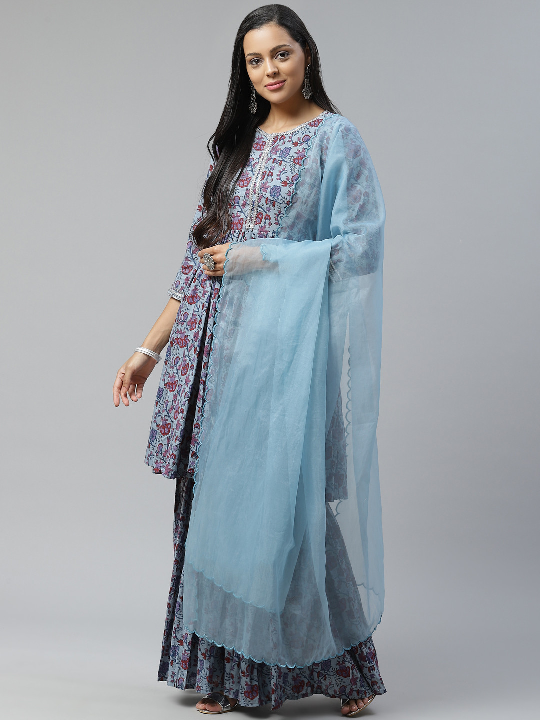 Lavanya The Label Women Blue & Maroon Hand Block Printed Kurta with Sharara & Dupatta