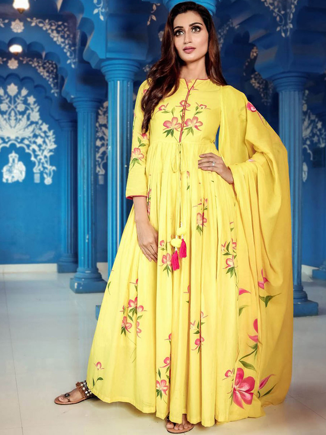 Lavanya The Label Women Yellow & Red Floral Printed Floral Anarkali Kurta