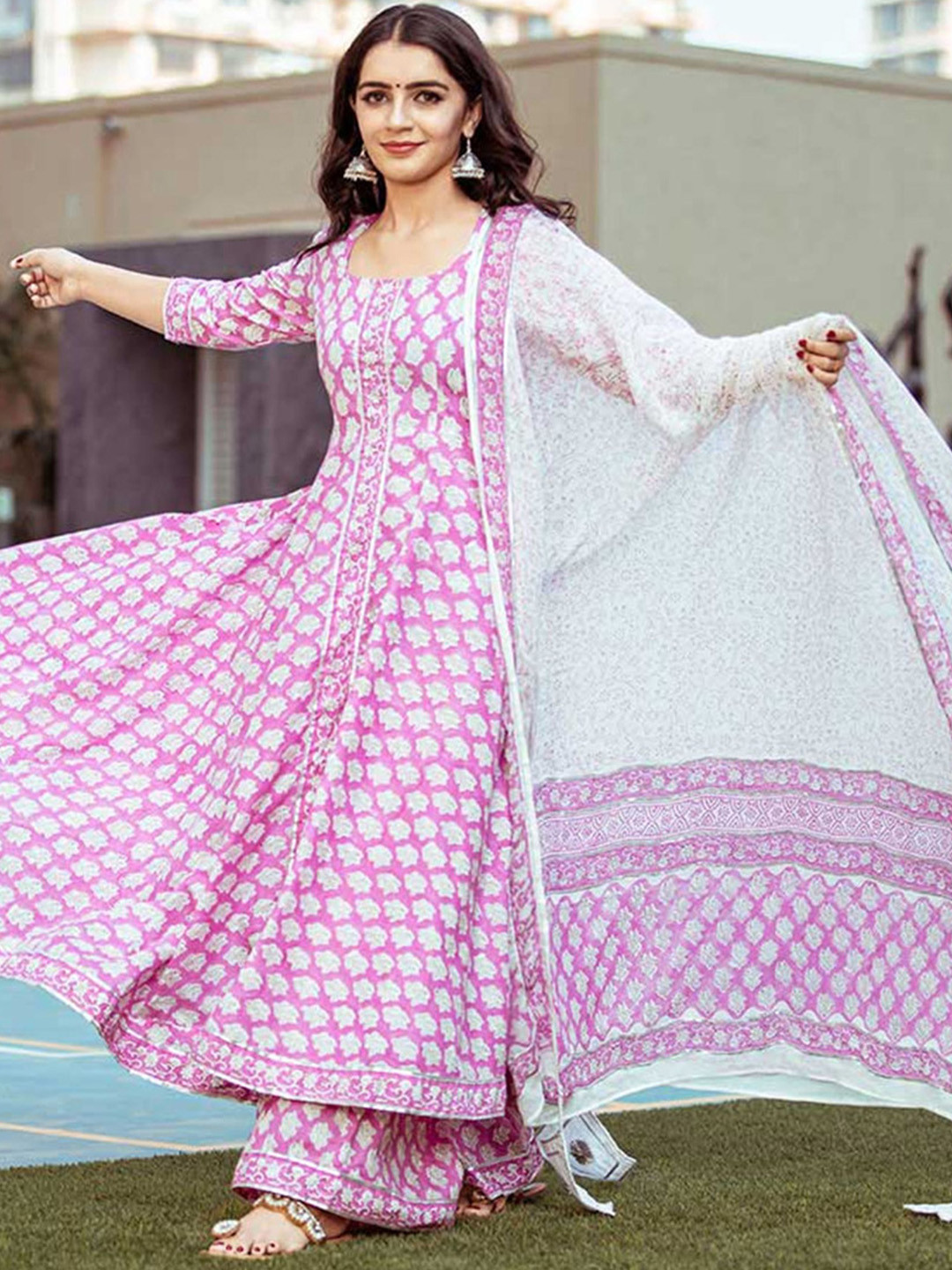 Lavanya The Label Women Pink & White Hand Block Printed Kurta with Palazzos & Dupatta