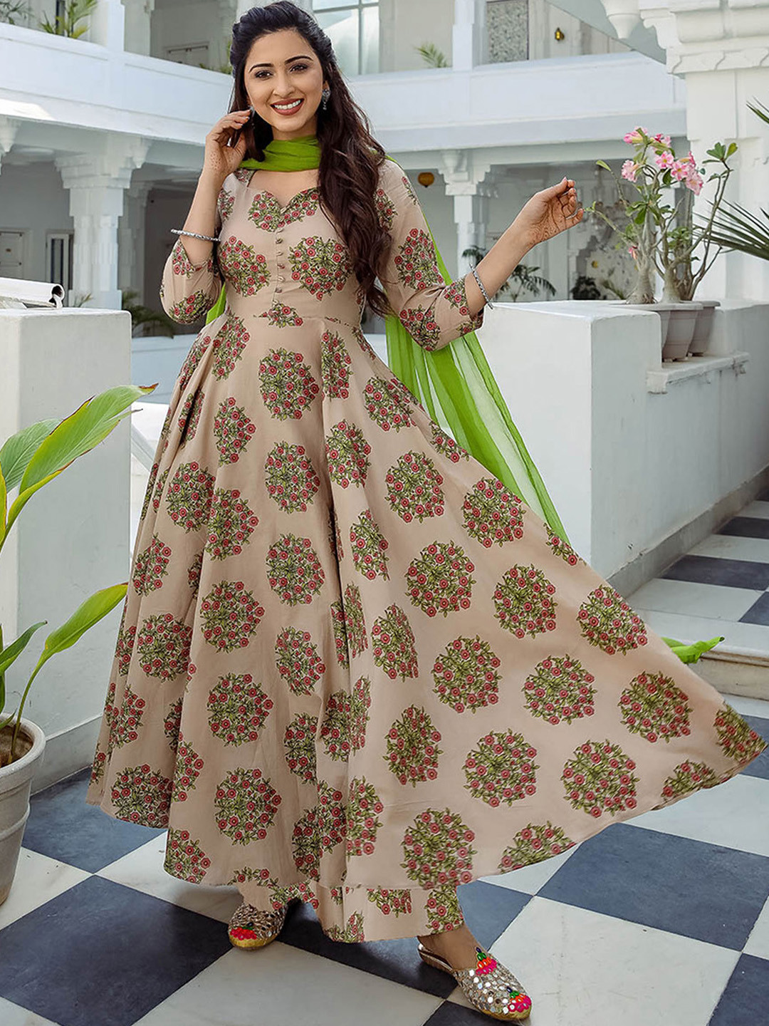 Lavanya The Label Women Beige & Green Printed Kurta with Palazzos & Dupatta