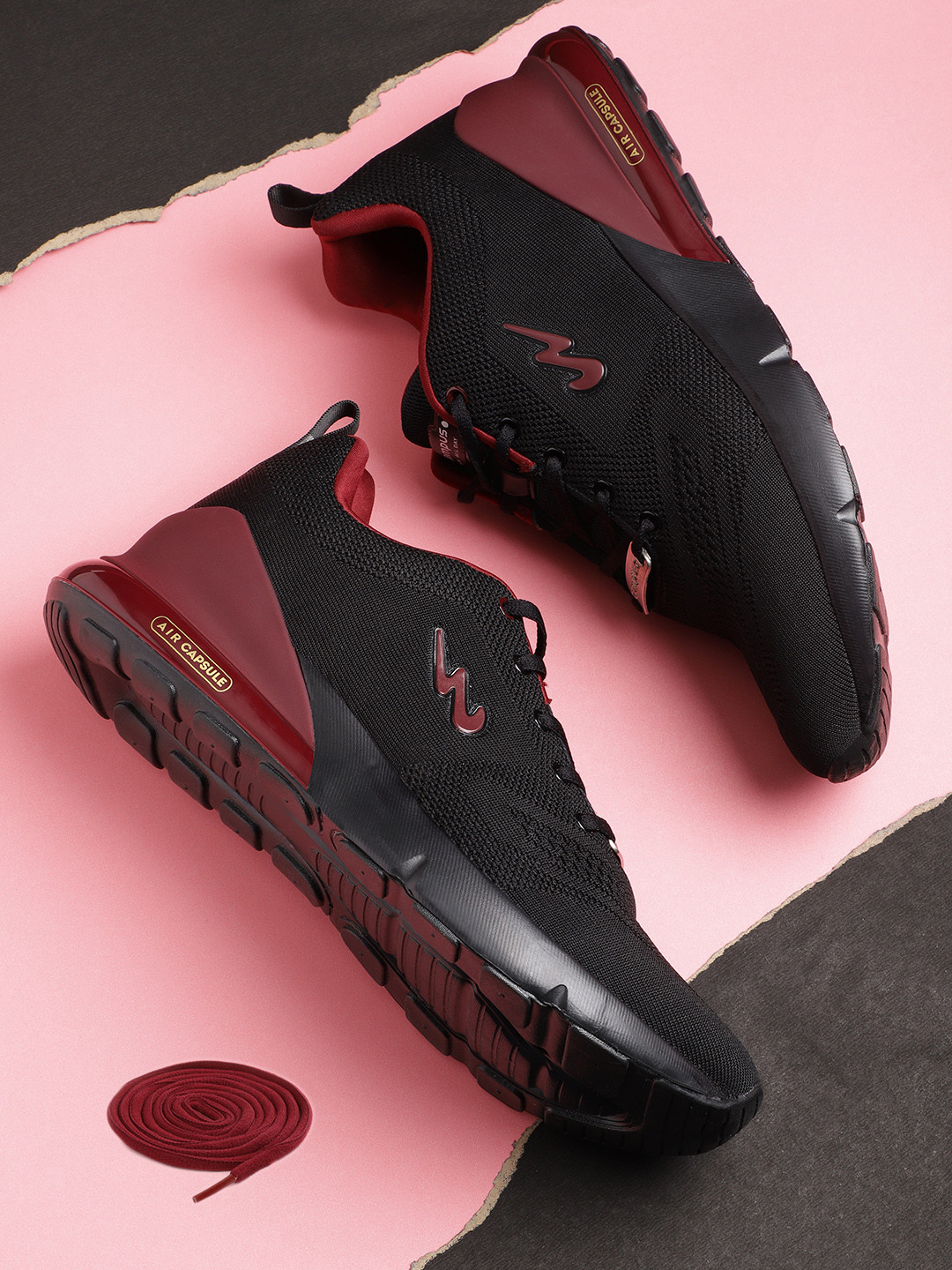 Campus Men Black & Burgundy Flying Fury Woven Design Running Shoes