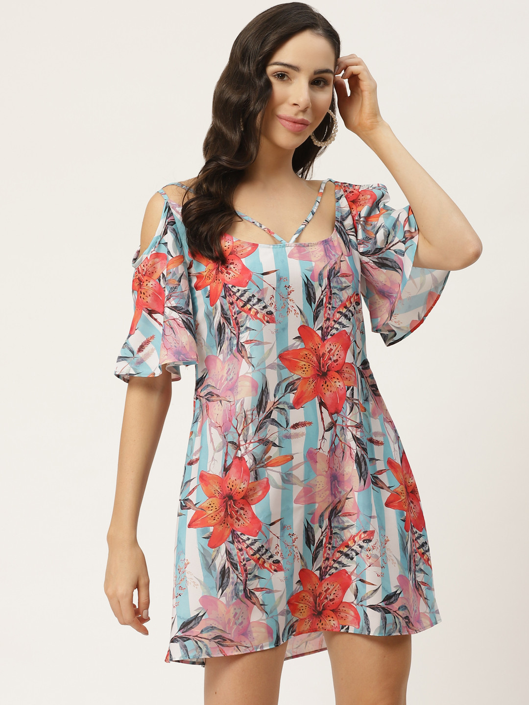 MELOSO Women Blue Floral Printed Cold Shoulder A-Line Dress