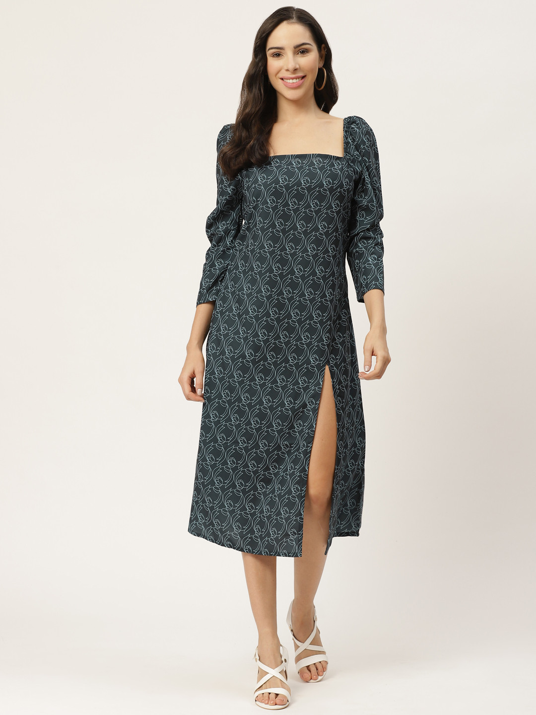 MELOSO Women Teal Blue & Blue Printed Front Silt A-Line Dress