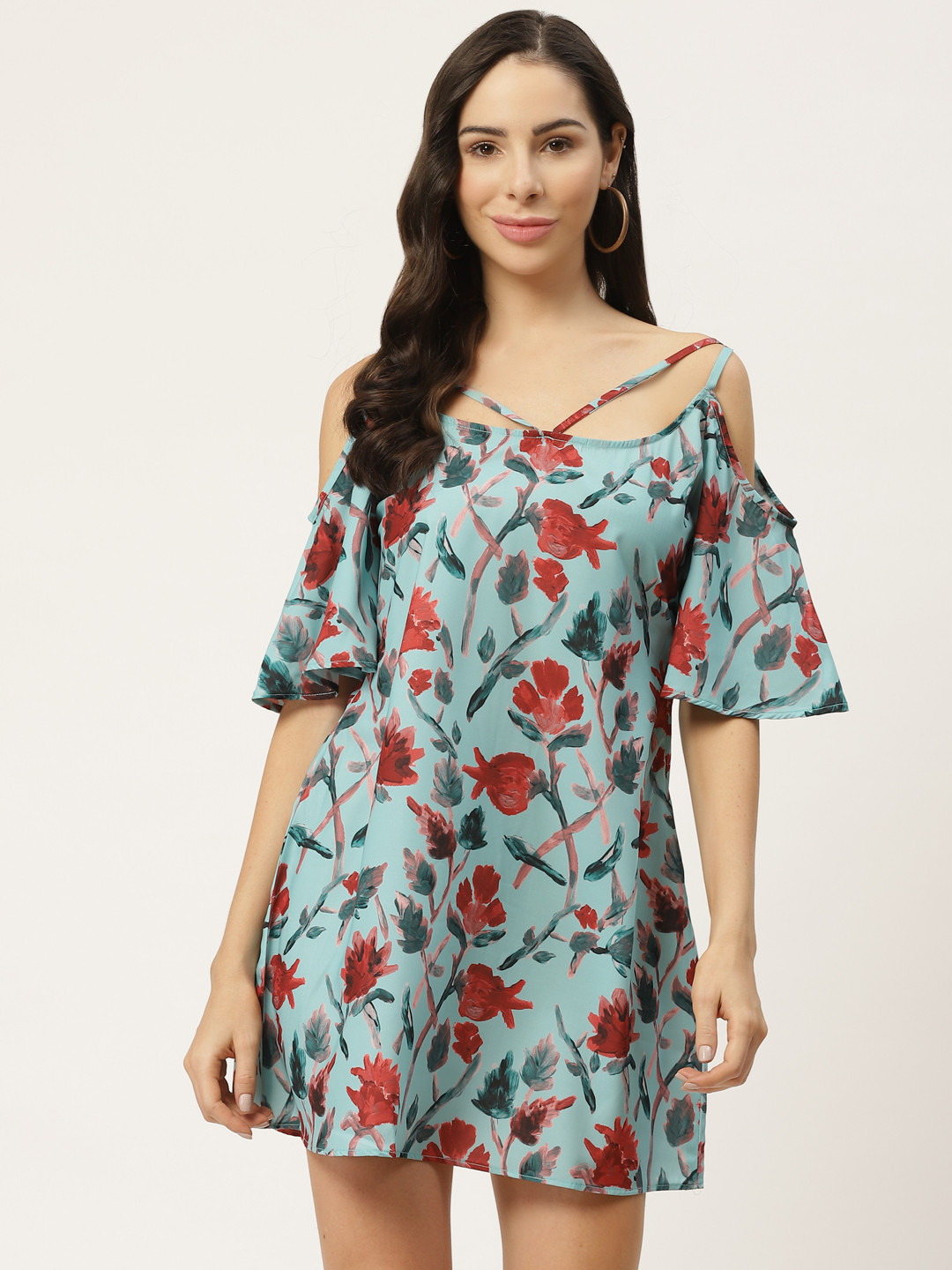 MELOSO Women Blue Floral Cold Shoulder A-Line Mini Dress