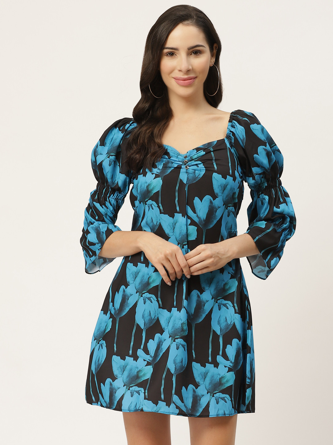 MELOSO Women Black & Blue Printed A-Line Dress