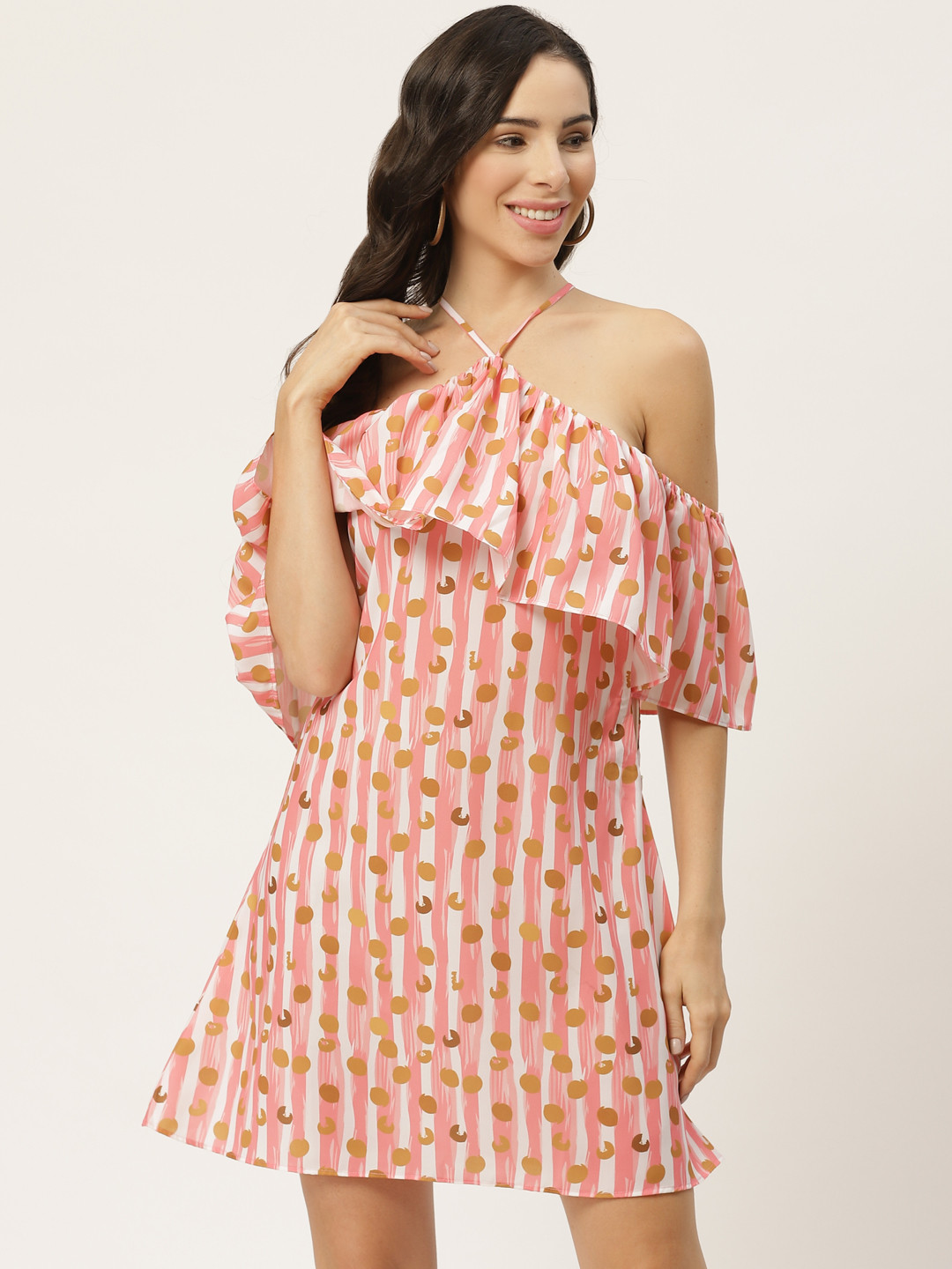 MELOSO Women Peach-Coloured & White Printed A-Line Dress