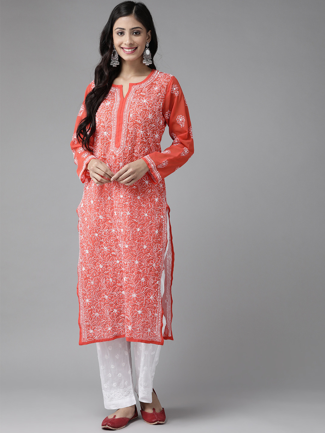 ADA Women Red & White Sustainable Hand Embroidered Chikankari Handloom Kurta with Palazzos