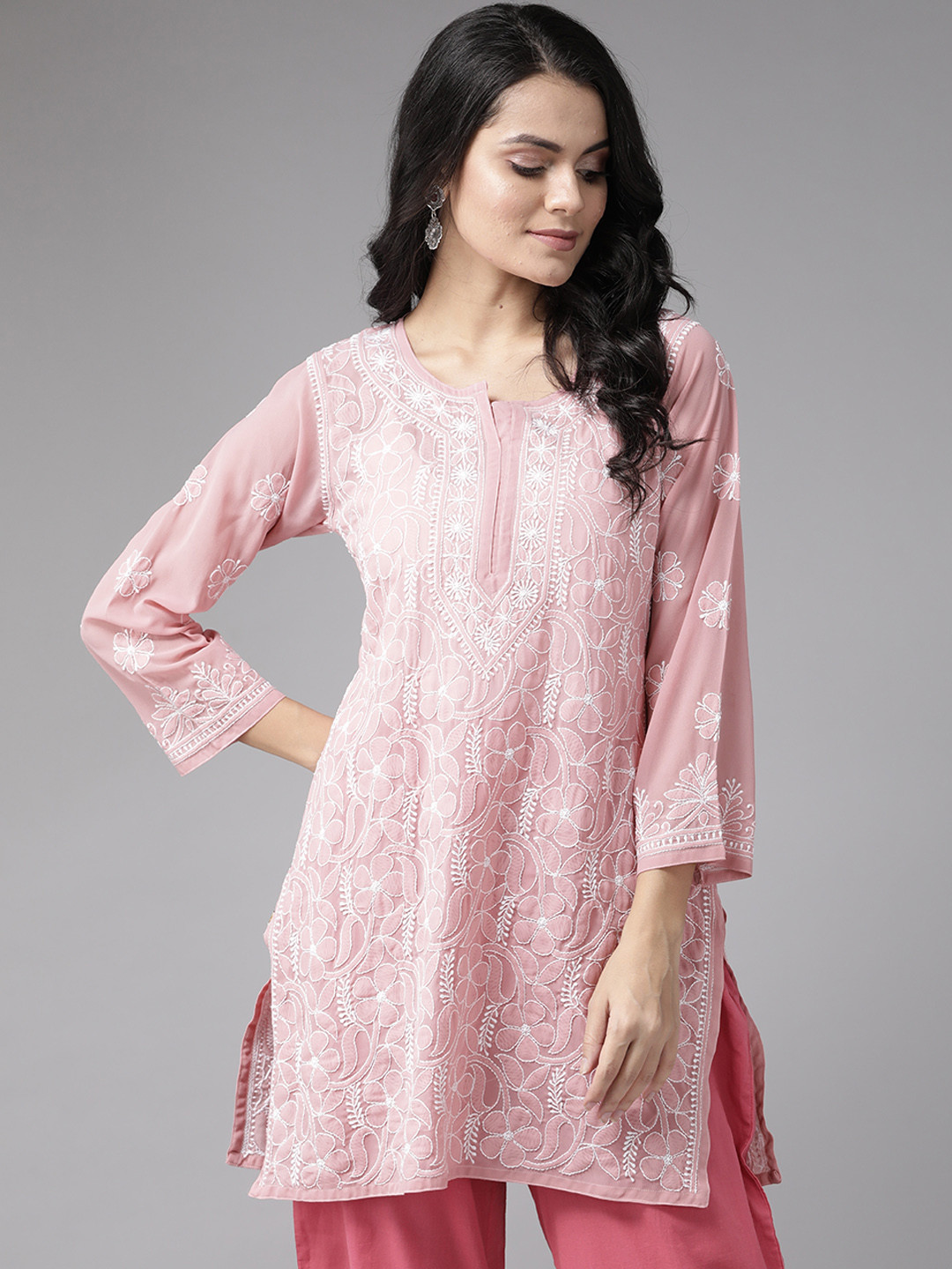 ADA Women Pink & Off-White Chikankari Hand Embroidered Straight Handloom Kurta