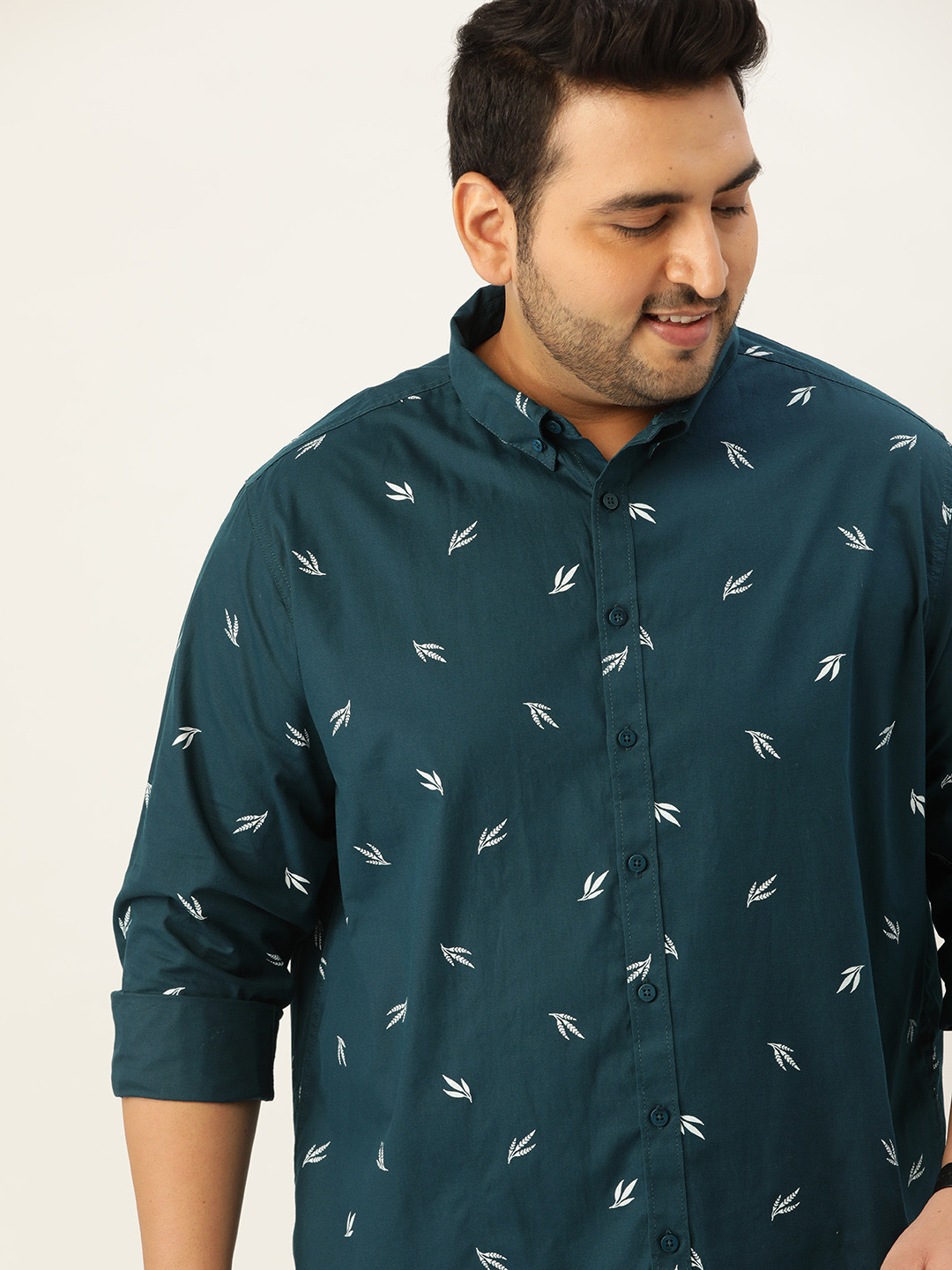 Sztori Men Plus Size Teal Green & White Pure Cotton Floral Printed Casual Shirt