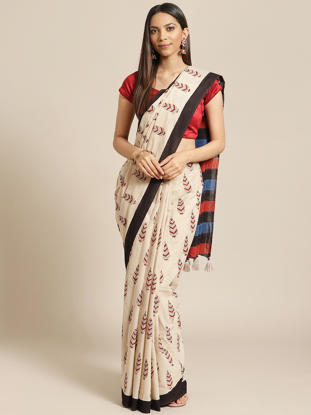 Geroo Jaipur Beige and Black Bagru Hand Block Printed Pure Cotton Sustainable Saree