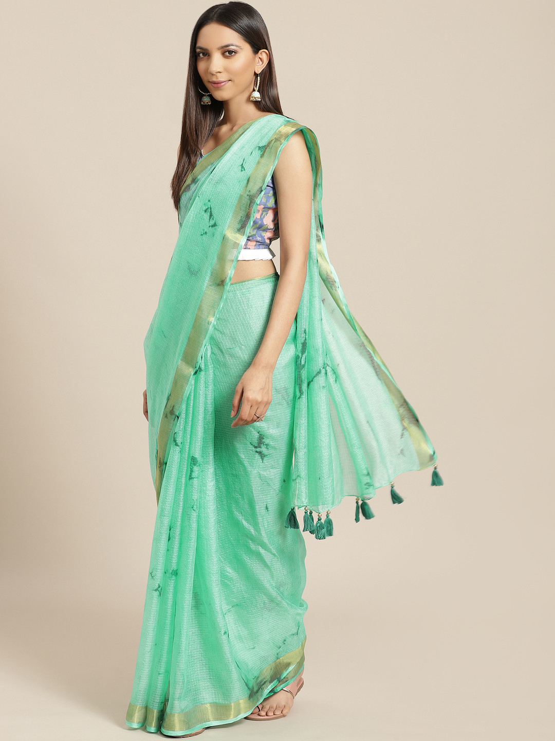 Geroo Jaipur Hand Dyed Green Kota Silk Saree with Hand Block Print Blouse