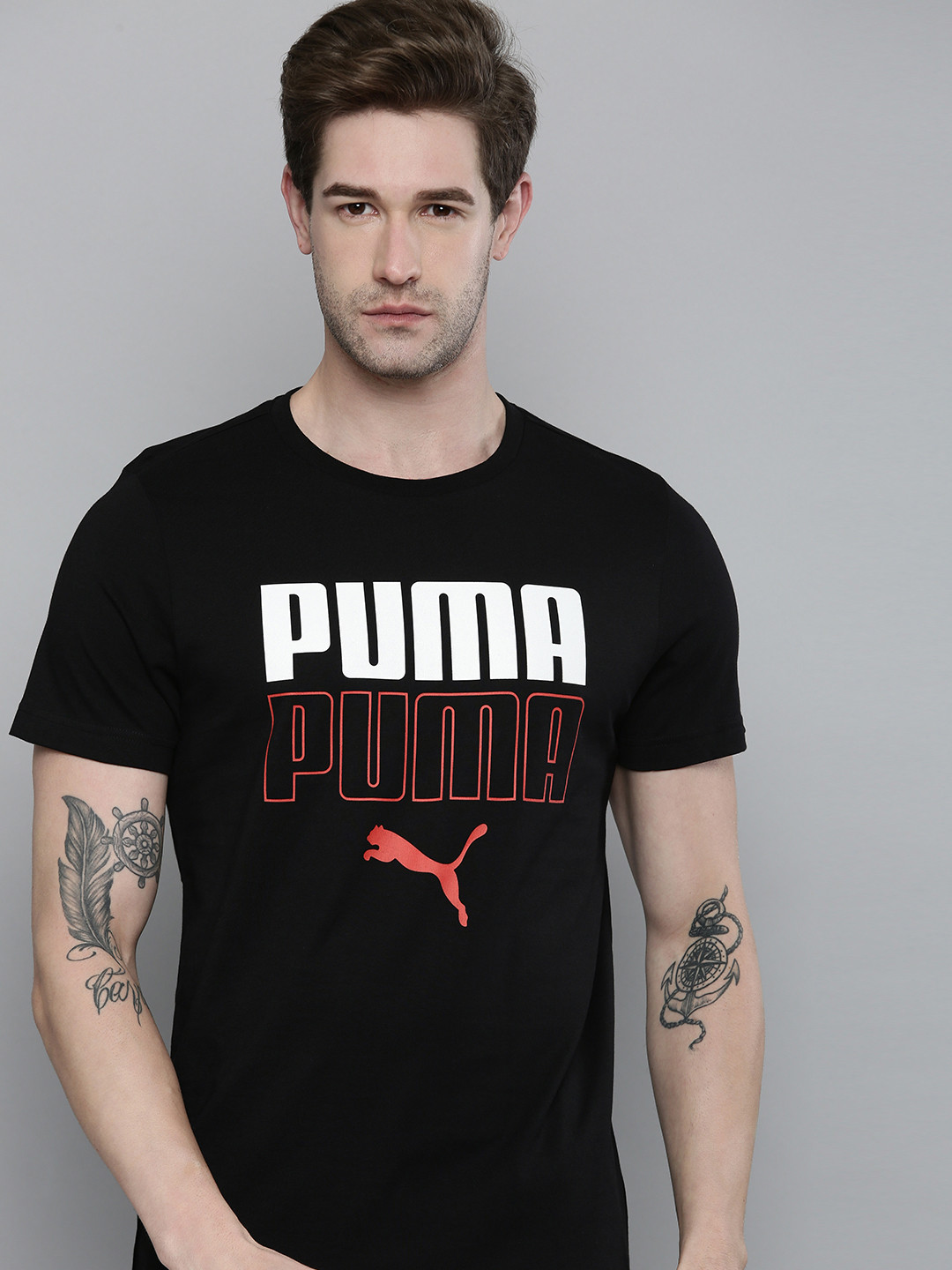 Puma Men Black Seeing Double Logo Printed Slim Fit Pure Cotton T-shirt