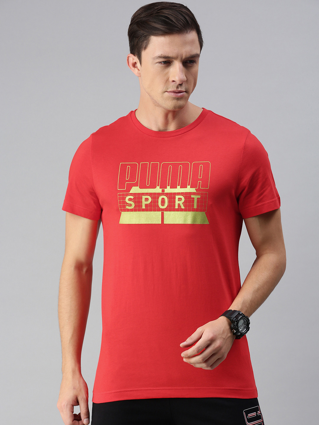 Puma Men Red Fluorescent Green Typographic Graphic 15 Print Pure Cotton Slim Fit T-shirt