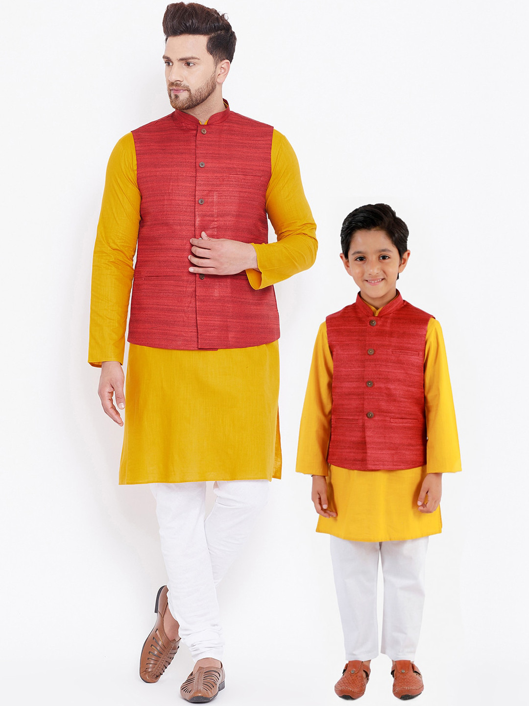 VASTRAMAY Men Mustard Solid Kurta with Pyjamas & Nehru Jacket