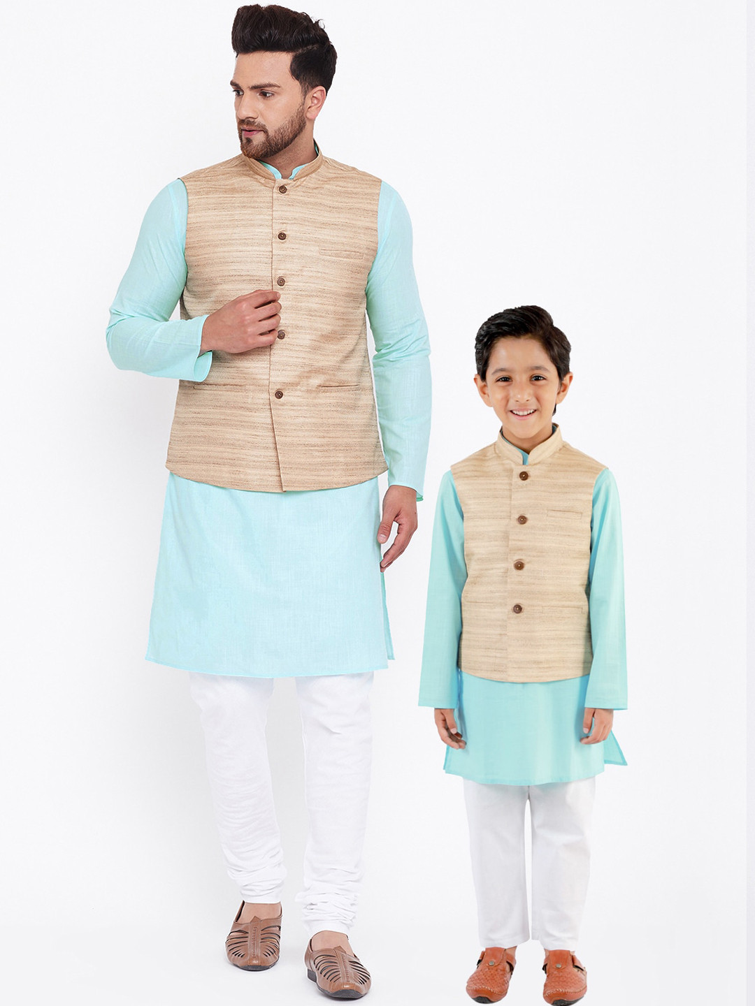 VASTRAMAY Men Blue & White Solid Kurta Set with Nehru Jacket