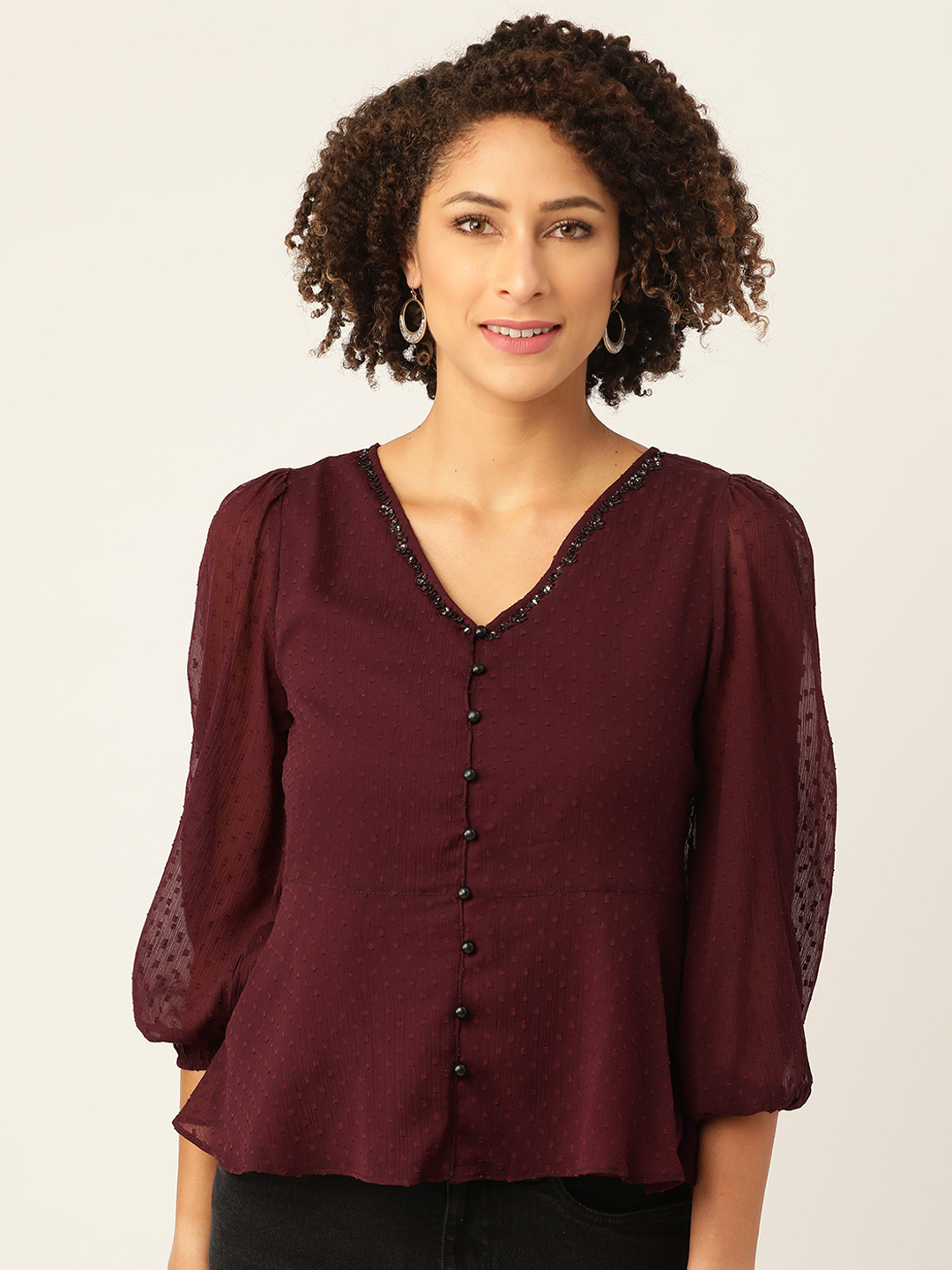 Antheaa Maroon Dobby Weave Puff Sleeves A-Line Top