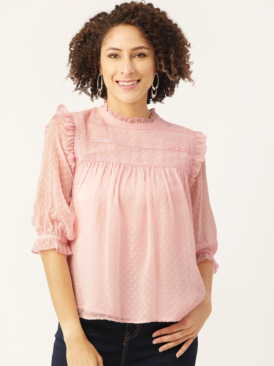 Antheaa Pink  Dobby Weave Puff Sleeves A-Line Top