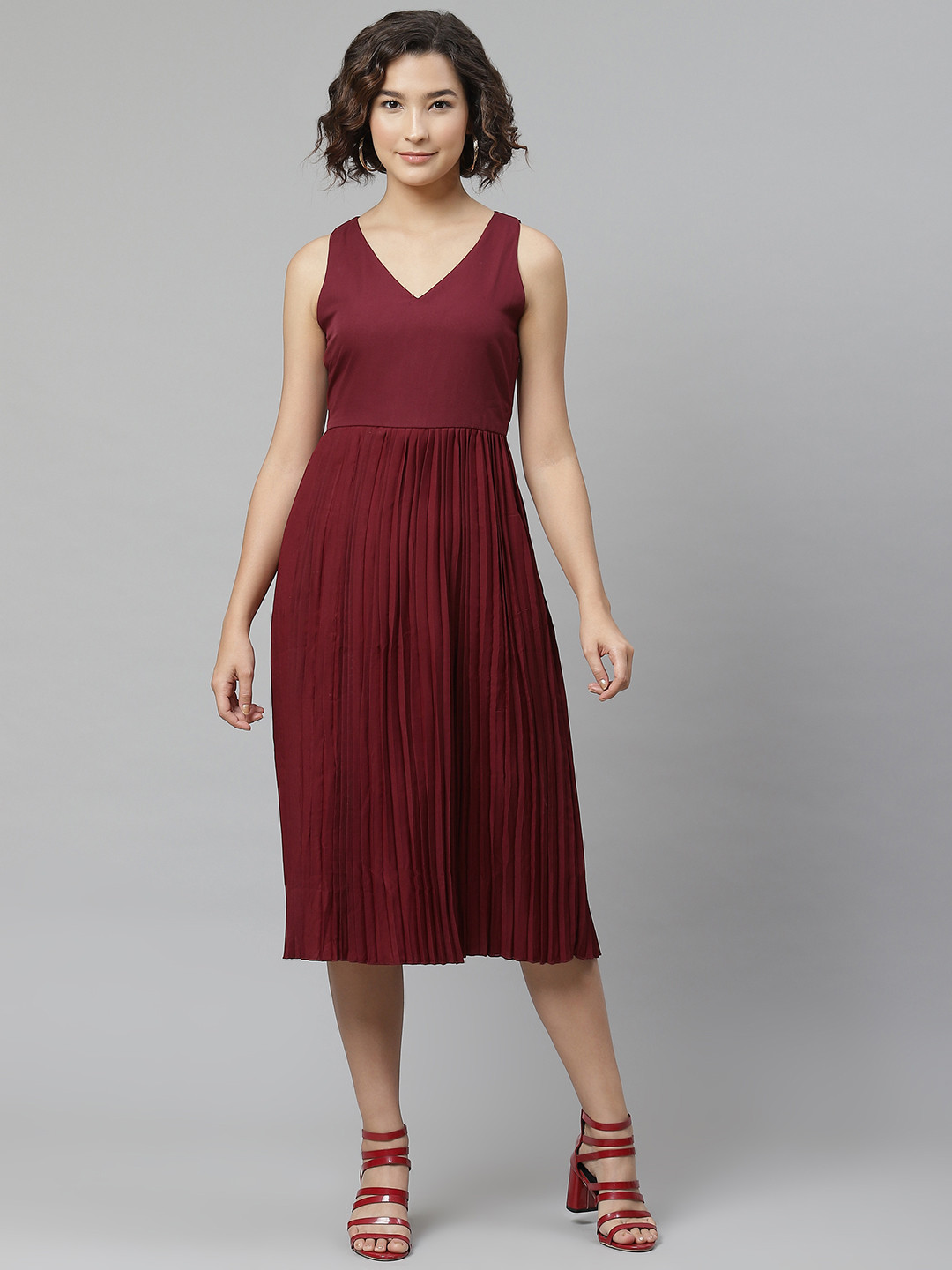 VARUSHKA Women Maroon Accordion Pleats Solid A-Line Dress