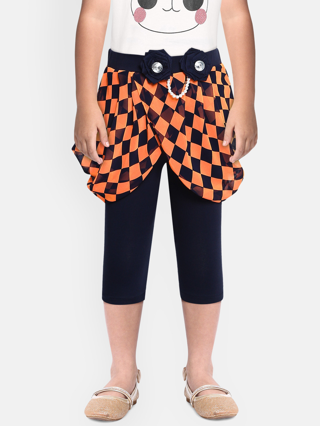 Actuel Girls Navy Blue & Orange Checked Regular Fit Pure Cotton Knitted Capris