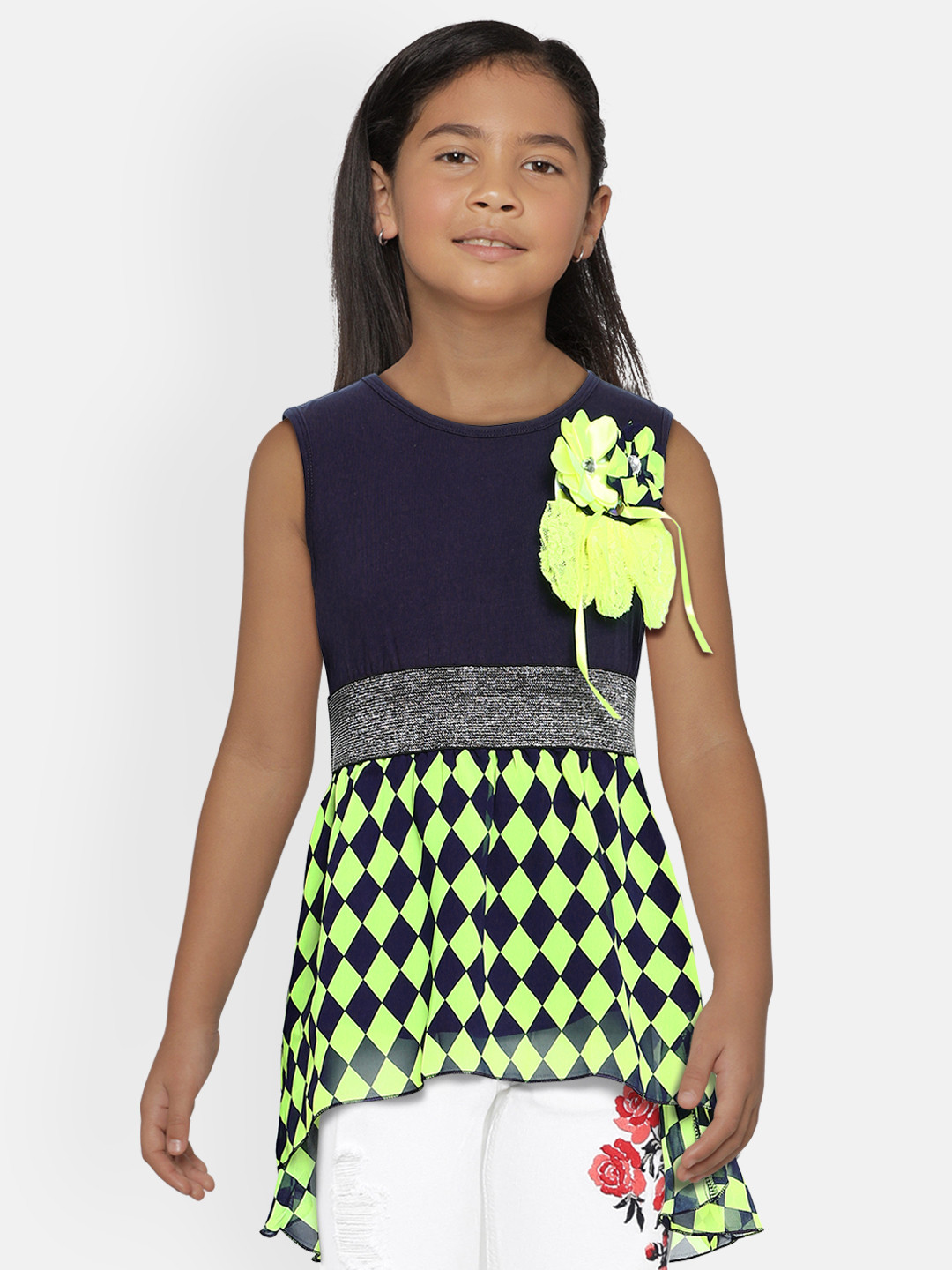 Actuel Navy Blue & Lime Yellow Geometric Printed Applique Pure Cotton Empire Longline Top
