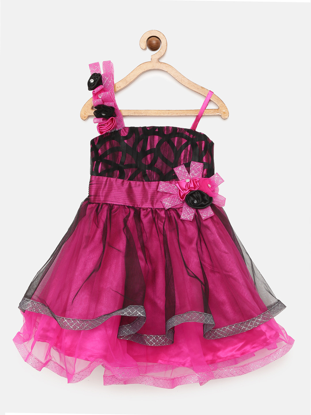 Actuel Girls Fuchsia & Black Self Design Fit and Flare Dress