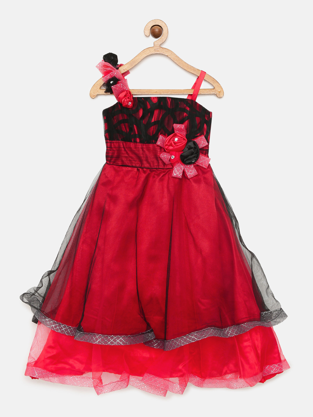 Actuel Girls Red & Black Self Design Gown Dress