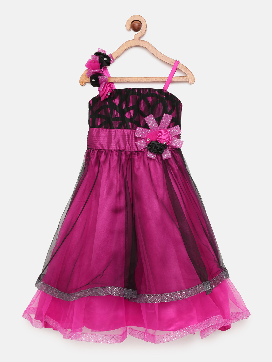 Actuel Girls Fuchsia & Black Self Design Gown Dress