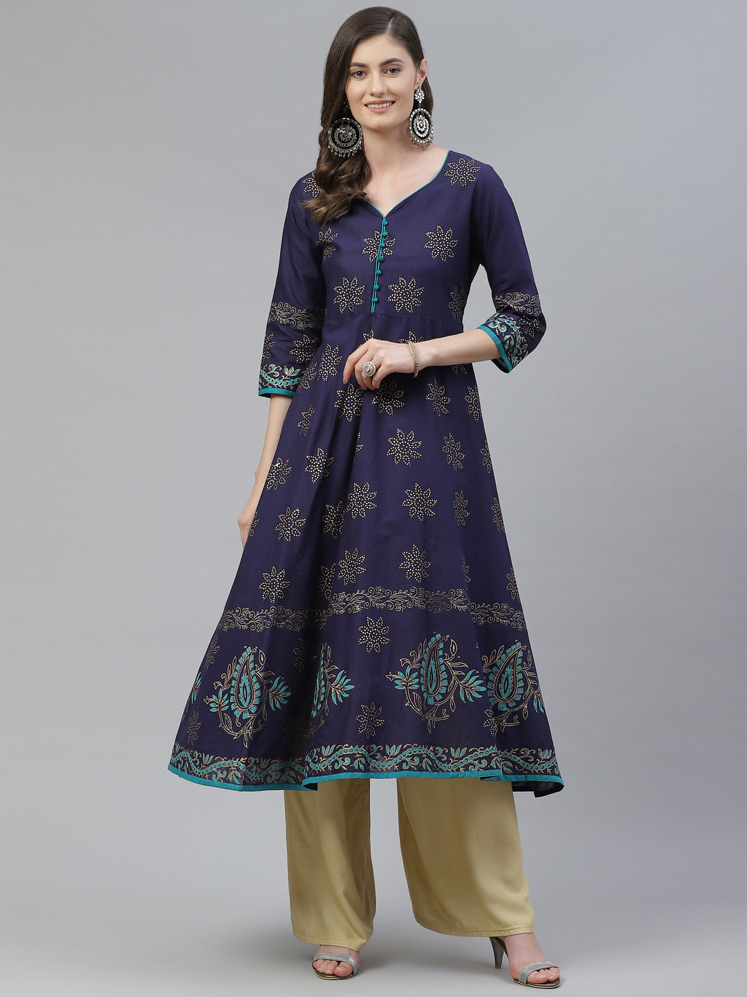 Akshatani Women Navy Blue & Golden Cotton Ethnic Motifs Hand Block Print A-Line Kurta