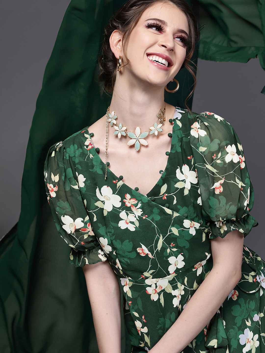 Inddus Women Green & Off White Floral Printed Anarkali Kurta with Dupatta
