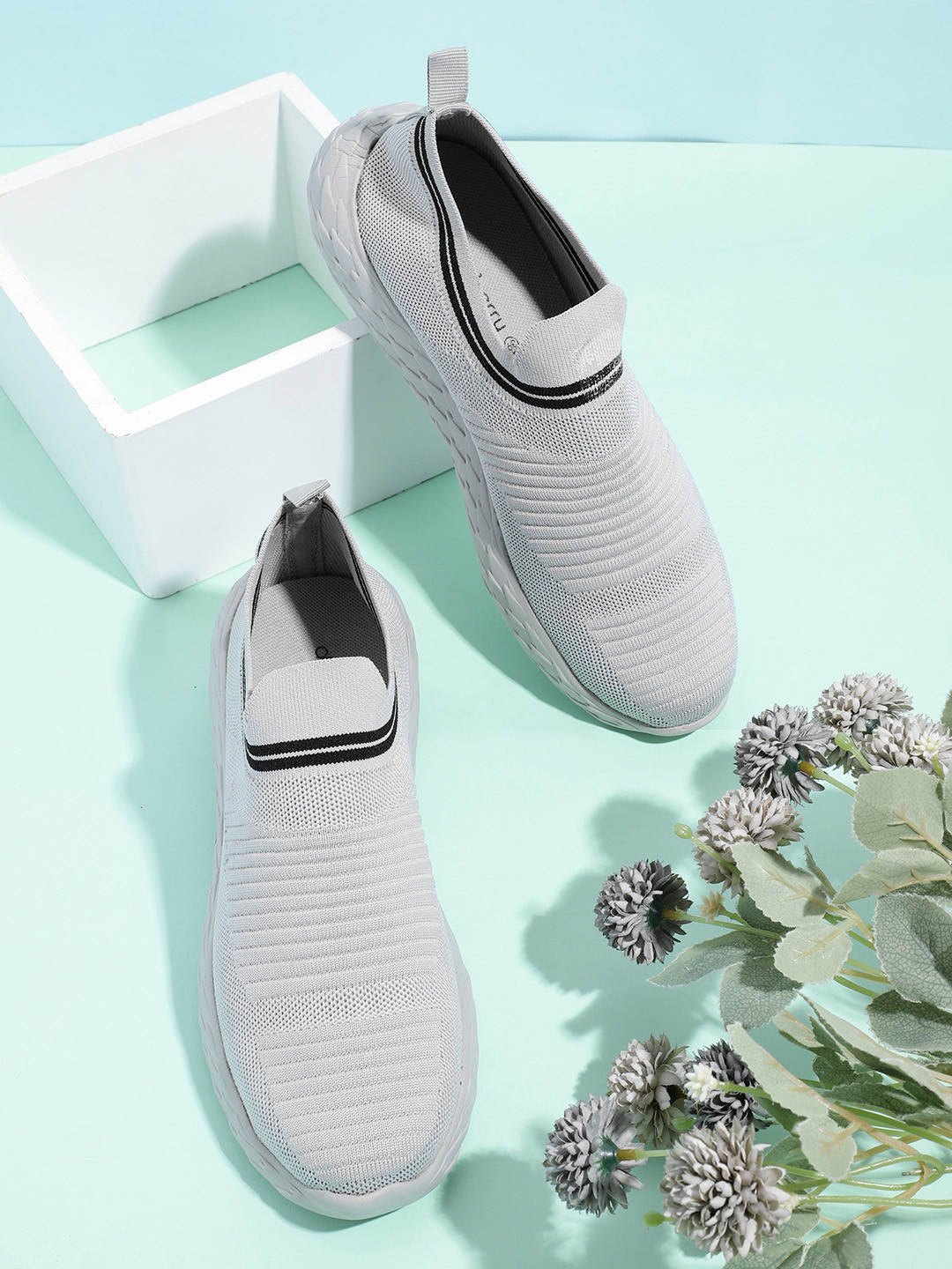 DressBerry Women Grey Self-Striped Knitted Slip-On Sneakers