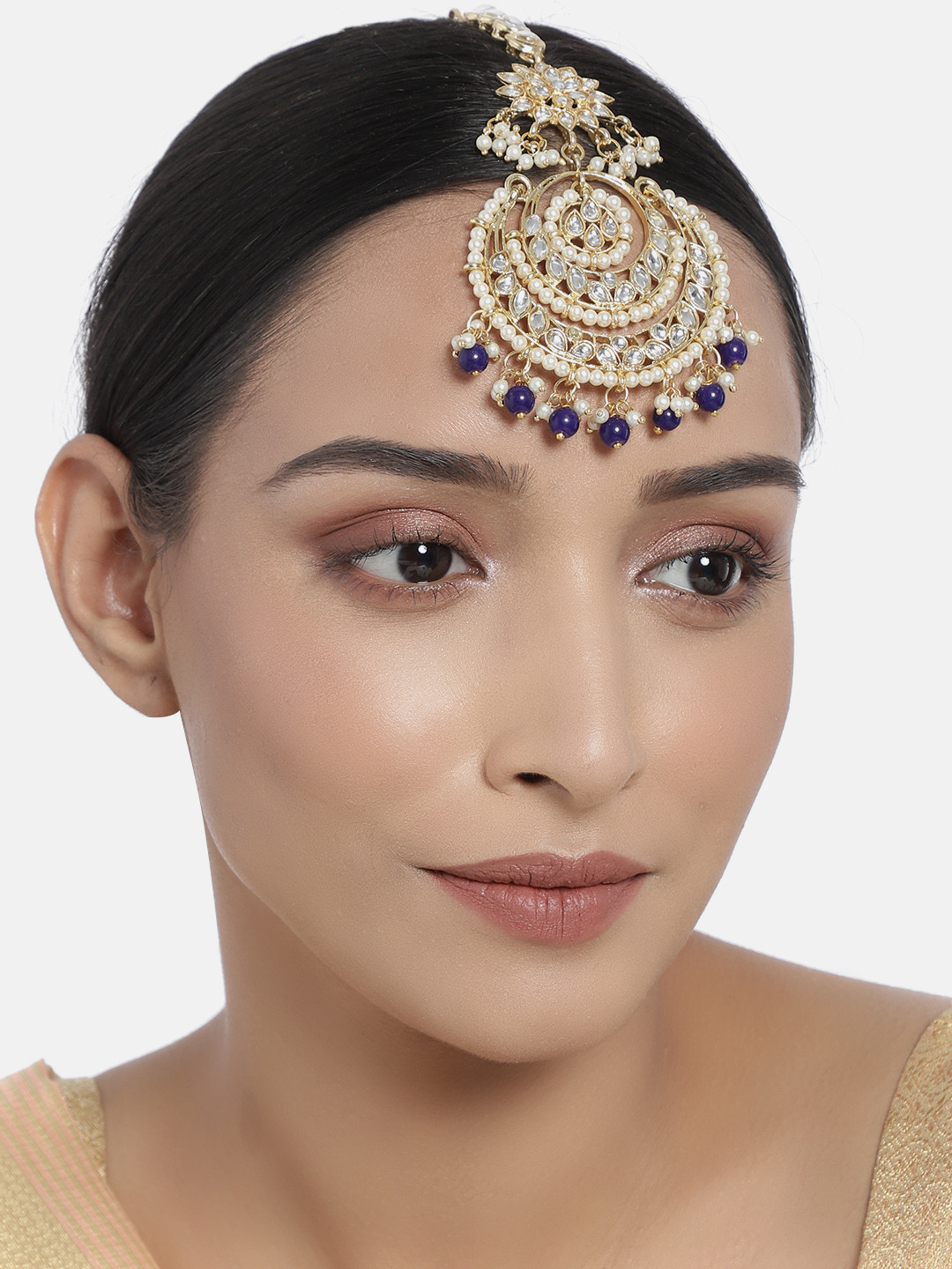 I Jewels Blue & White Gold-Plated Kundan-Studded Handcrafted Maangtikka