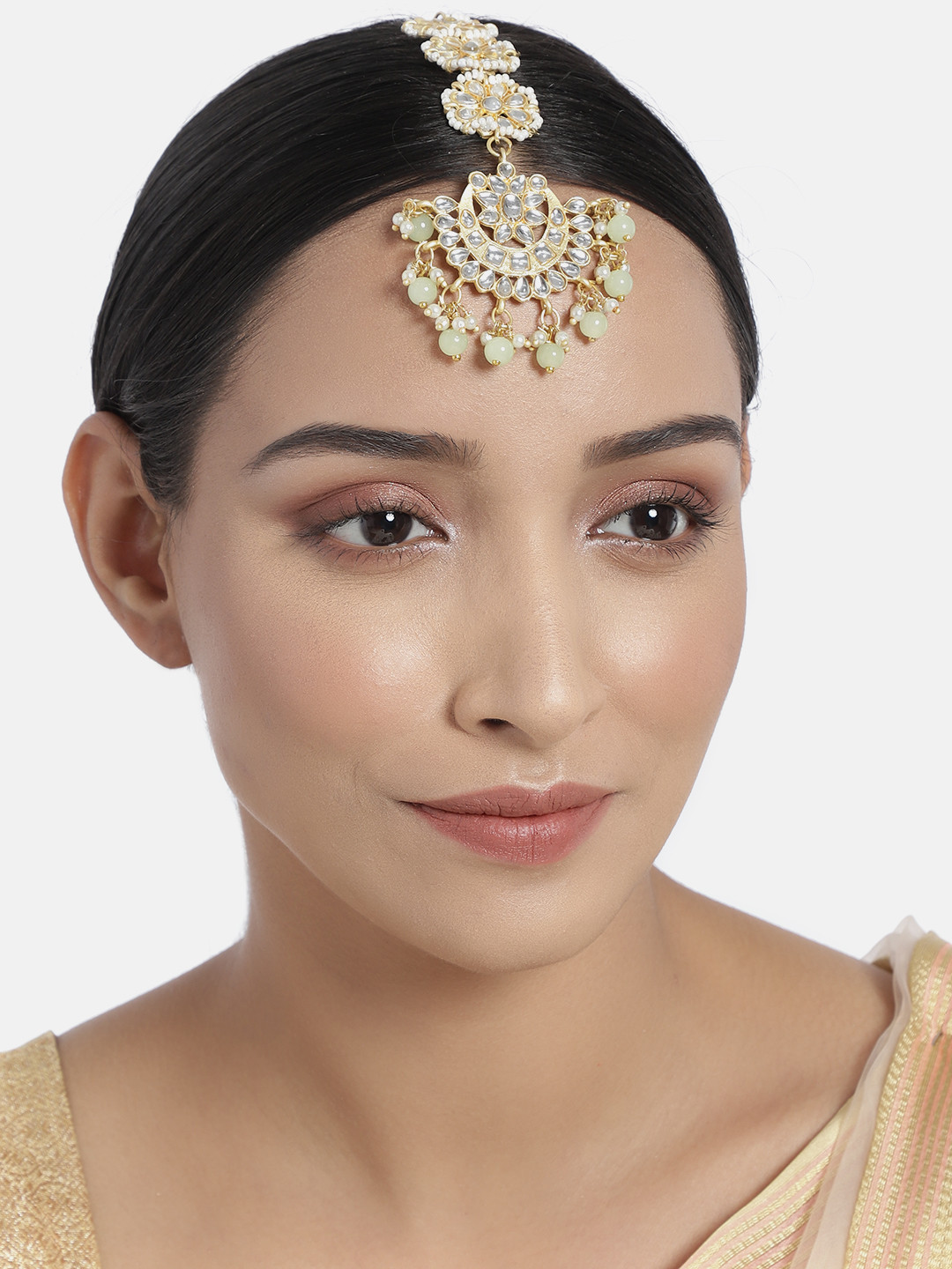 I Jewels Gold-Plated Mint Green & White Handcrafted Kundan & Faux Pearl Maang Tikka