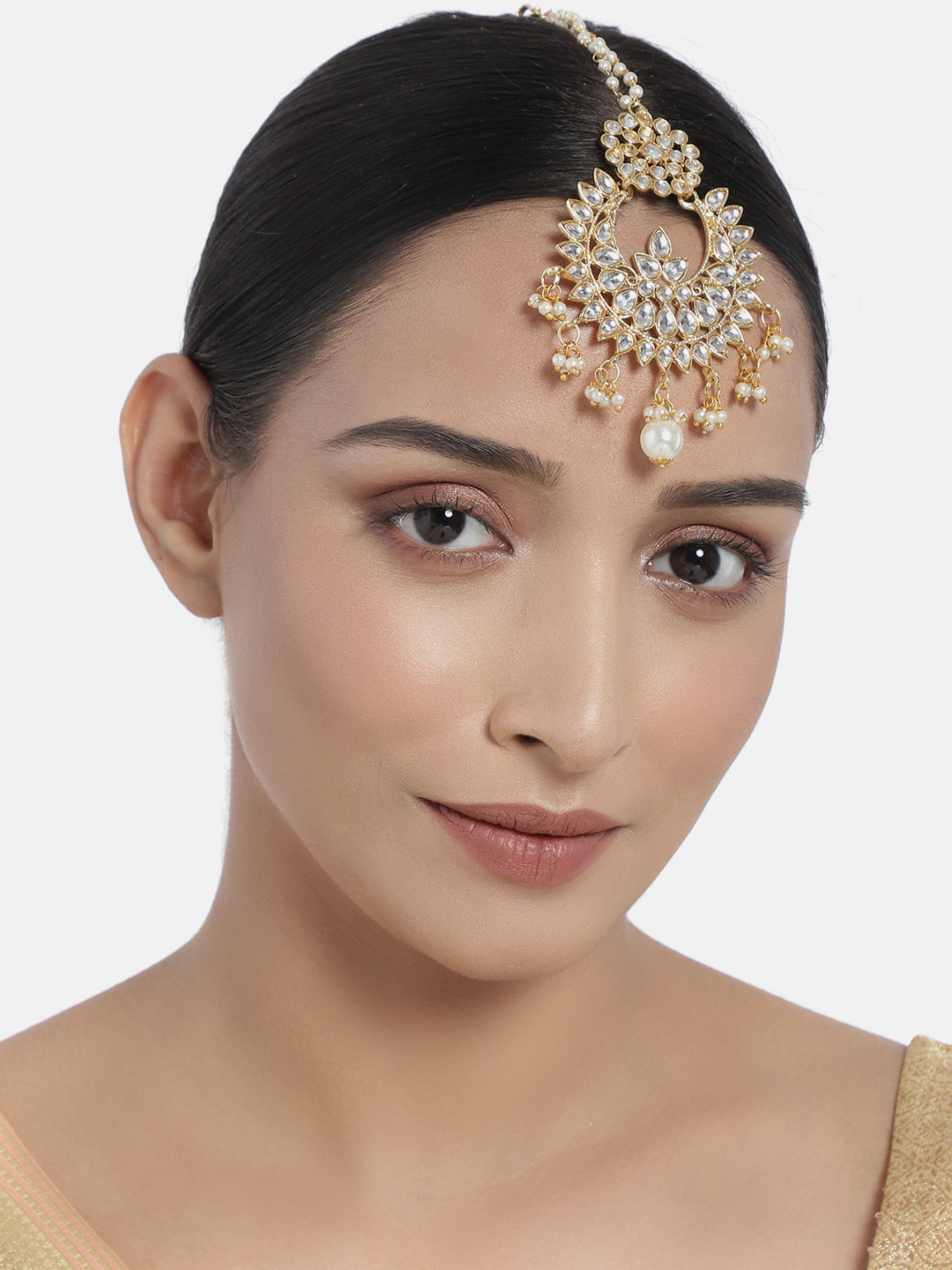 I Jewels White Gold-Plated Kundan-Studded Handcrafted Maangtikka