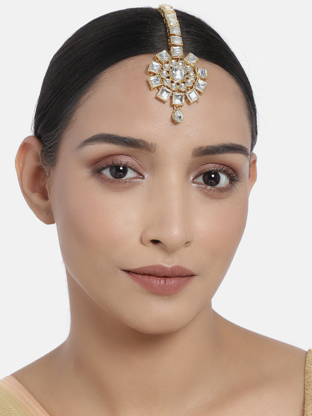 I Jewels White Gold-Plated Kundan Studded Handcrafted Maangtikka